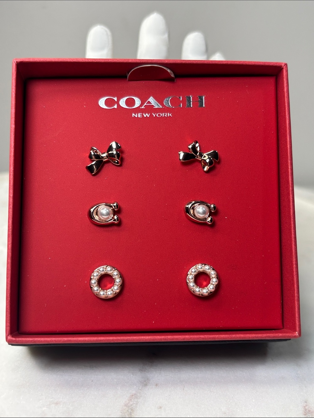 Coach Rose Gold Bow, Pearl & Crystal Stud Earring Set NWT w/ Coach Dusty